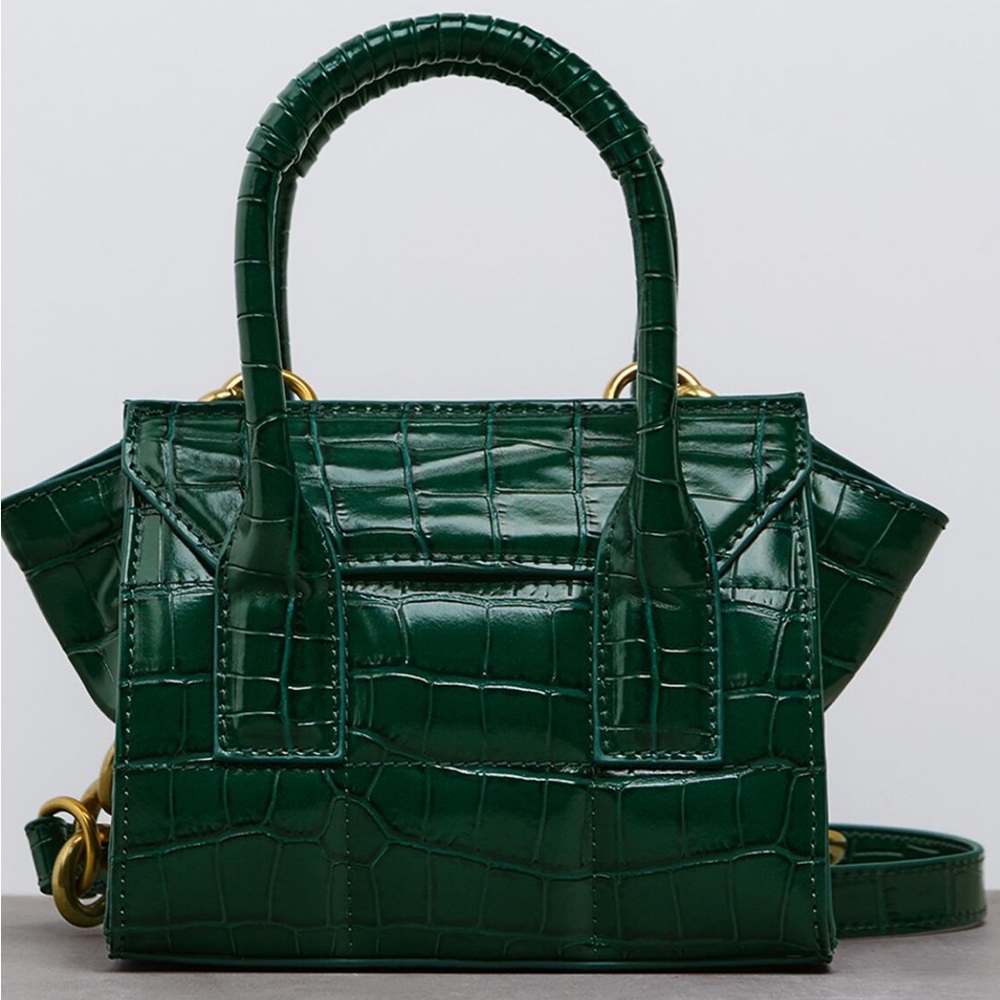 Zara Animal-Print Mini Crossbody Forest-Green Bag W/Gold Chain NWOT